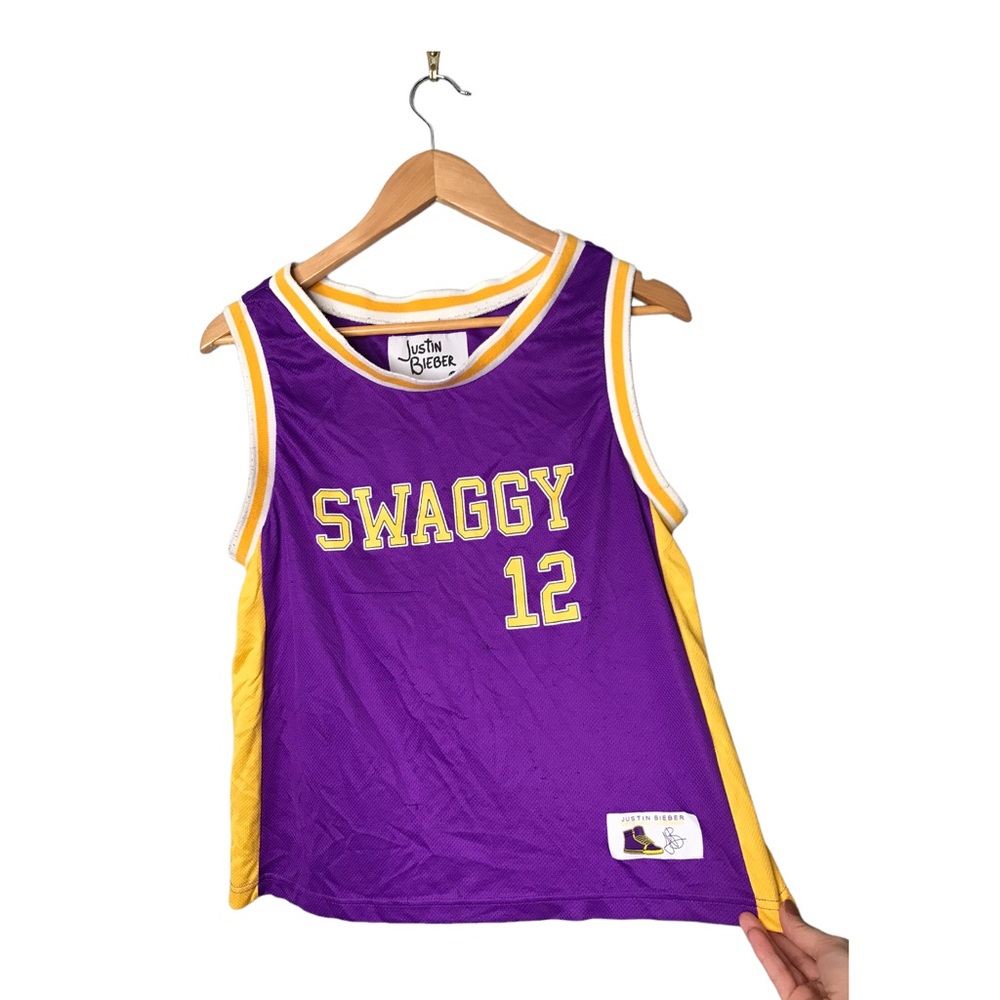 Justin Bieber Swaggy purple yellow sleeveless basketball jersey 12 belieber